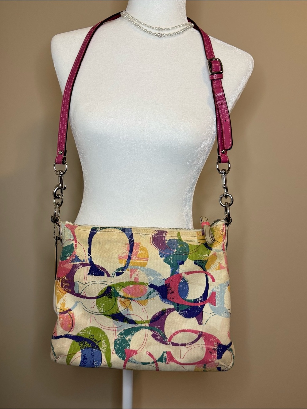 Coach Multicolor Signature Print Crossbody with Pink Strap